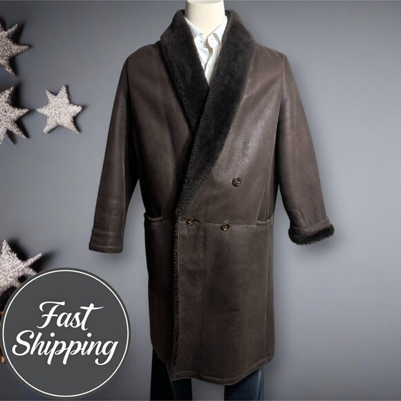 Mens Vintage SAWYER OF NAPA Overcoat Shearling Sheepskin Suede Coat Sz 44 Brown - Picture 1 of 16